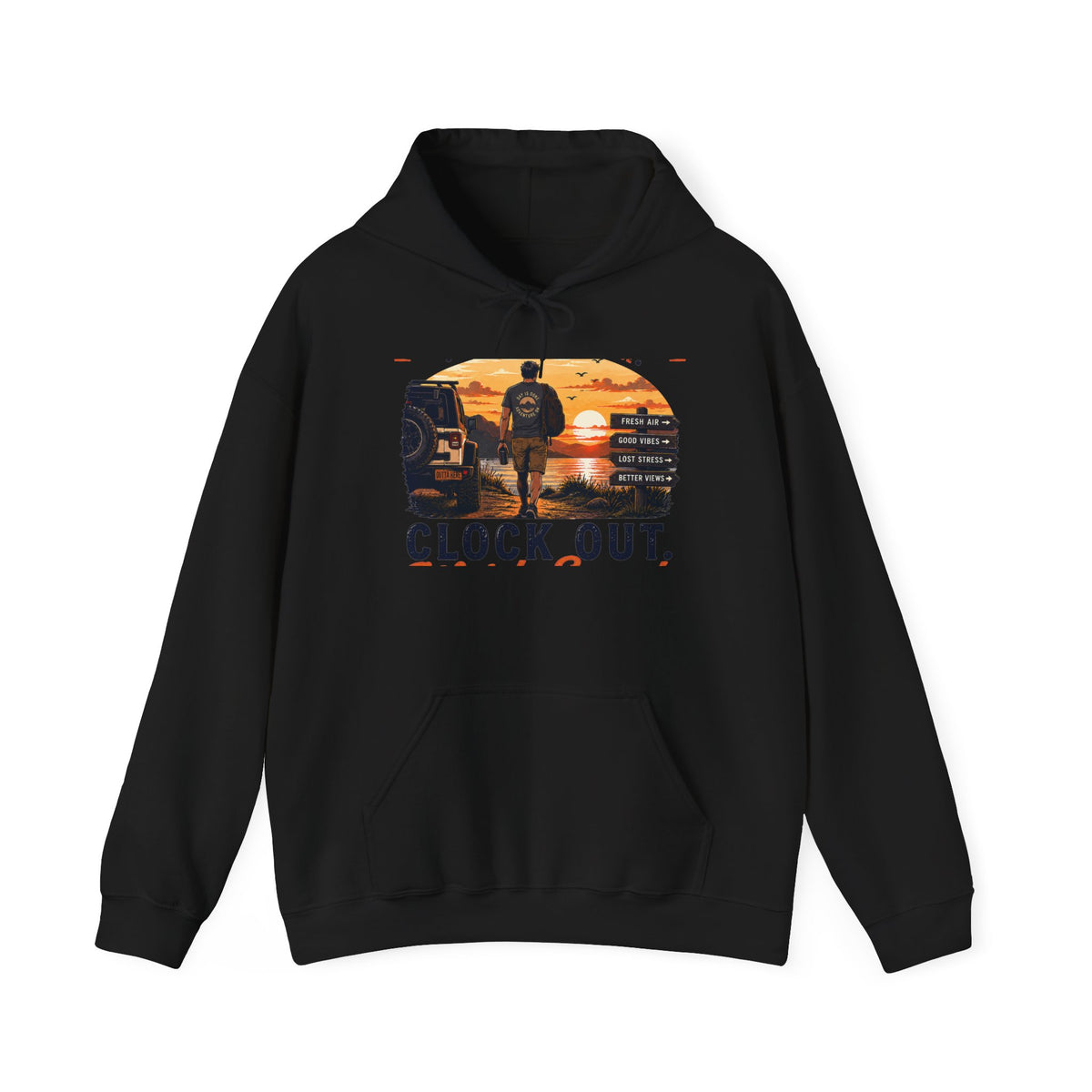 Clock Out Hoodie — Retro Sunset Fishing Hooded Sweatshirt