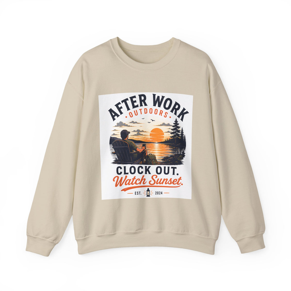 Crewneck Sweatshirt — "After Work Outdoors: Clock Out Watch Sunset" Graphic
