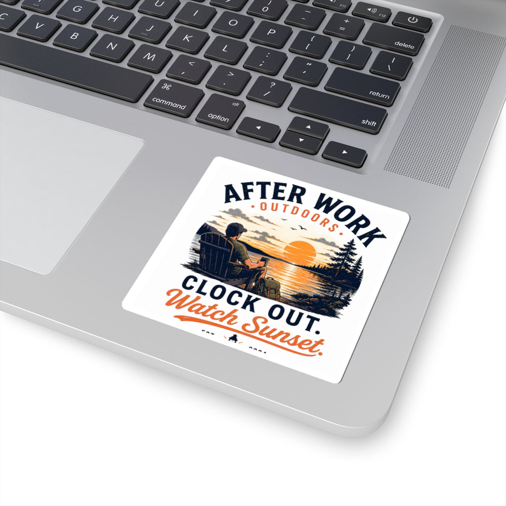 After Work Outdoors Sticker — "Clock Out. Watch Sunset." Sunset Camping Vinyl Kiss-Cut Sticker
