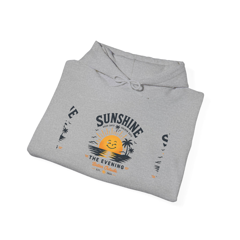 Sunshine Evening Hoodie — Retro Smiling Sun Palm Tree Sweatshirt