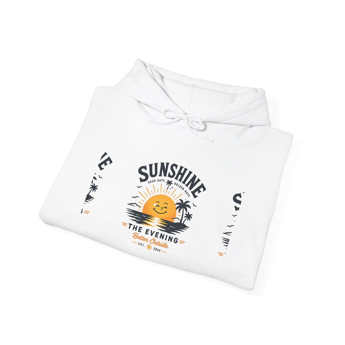 Sunshine Evening Hoodie — Retro Smiling Sun Palm Tree Sweatshirt