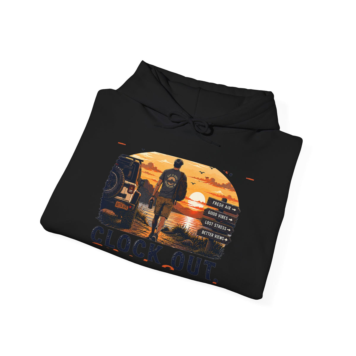 Clock Out Hoodie — Retro Sunset Fishing Hooded Sweatshirt