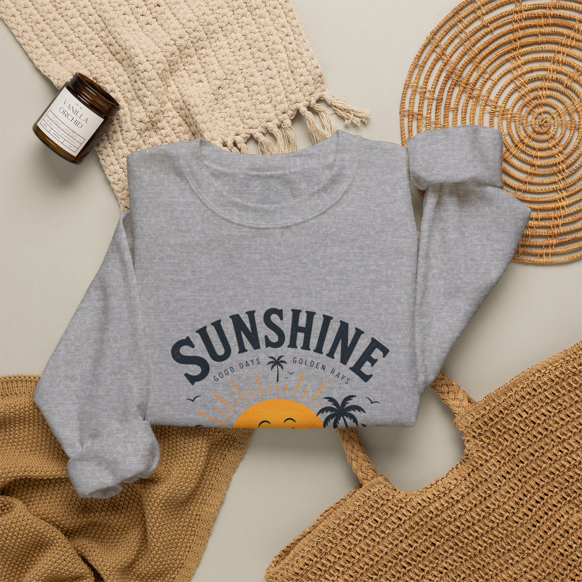 Sunshine Evening Crewneck Sweatshirt — Retro Sunset Palm Graphic