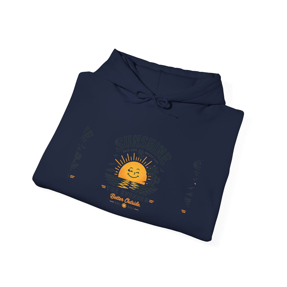 Sunshine Evening Hoodie — Retro Smiling Sun Palm Tree Sweatshirt