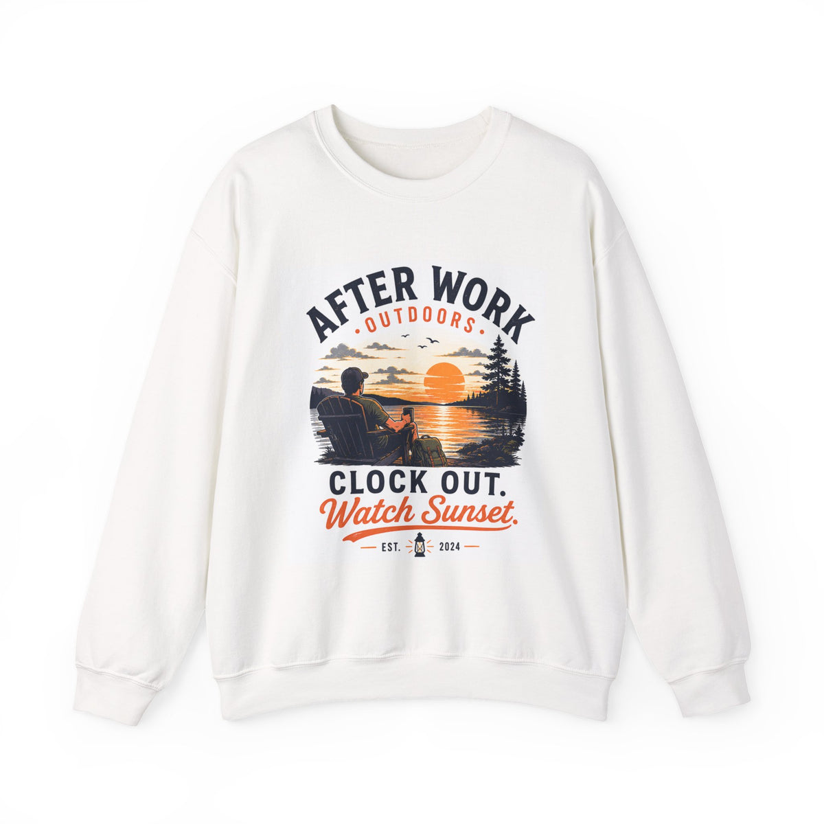 Crewneck Sweatshirt — "After Work Outdoors: Clock Out Watch Sunset" Graphic