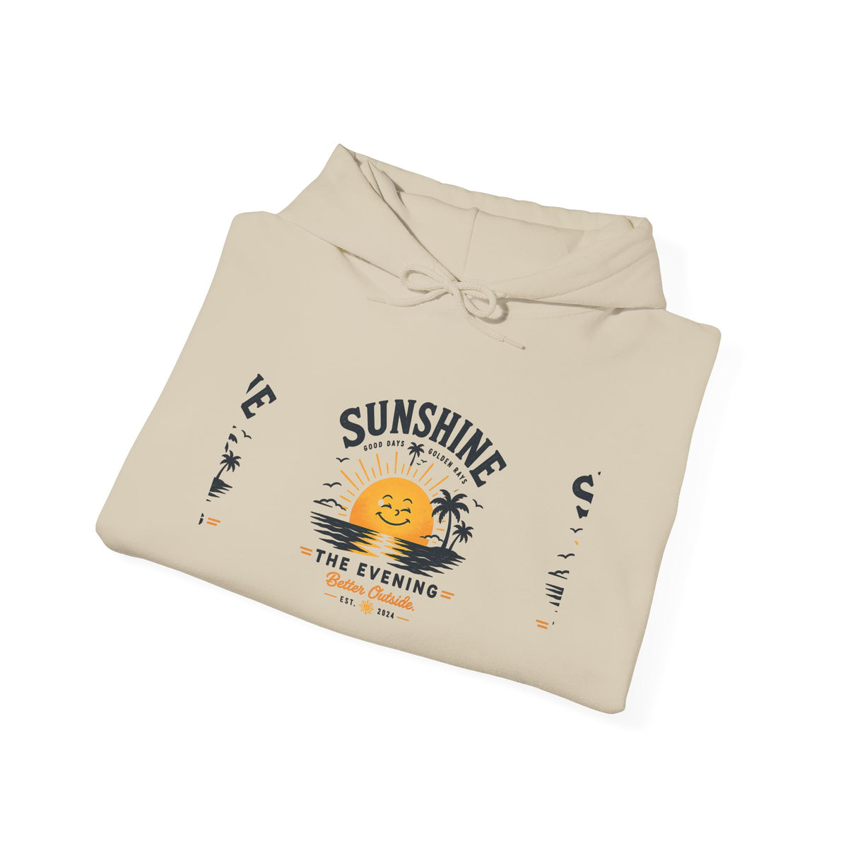 Sunshine Evening Hoodie — Retro Smiling Sun Palm Tree Sweatshirt