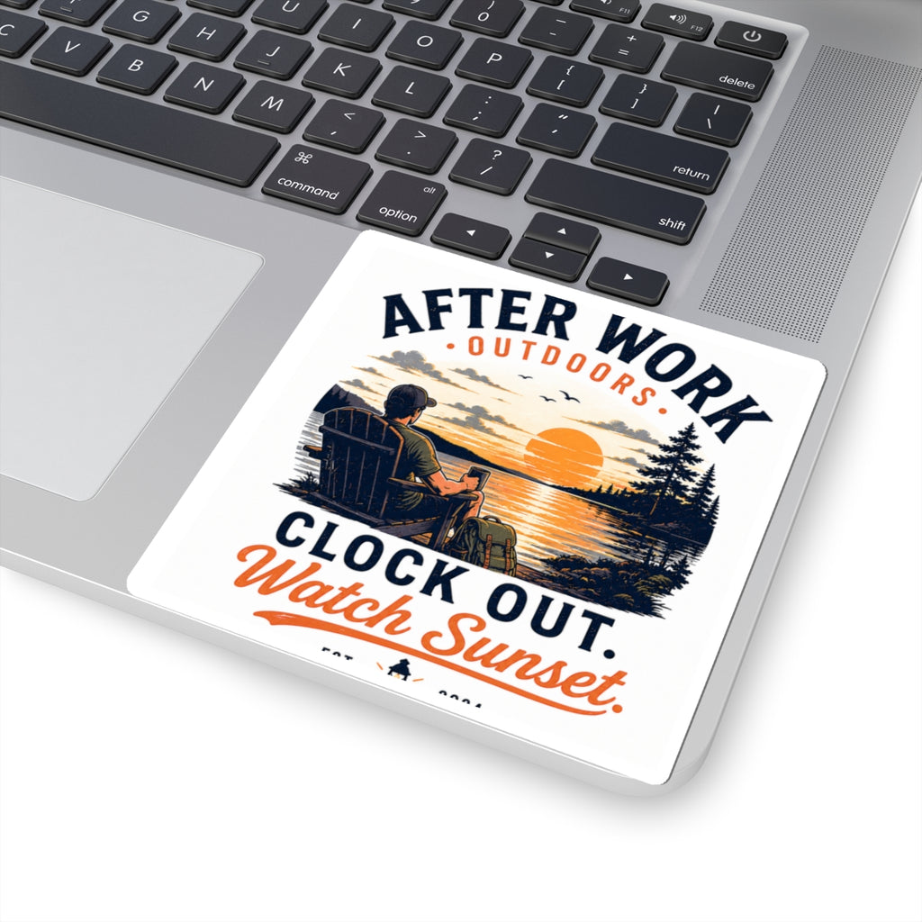 After Work Outdoors Sticker — "Clock Out. Watch Sunset." Sunset Camping Vinyl Kiss-Cut Sticker