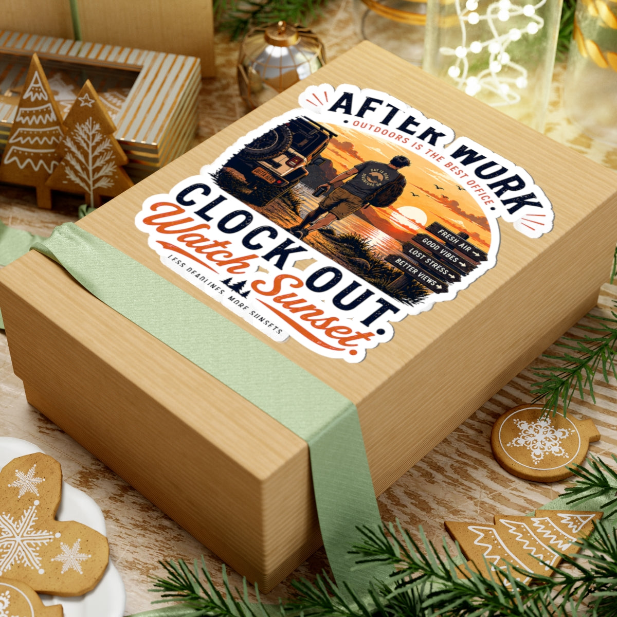 Sticker — "After Work Clock Out, Watch Sunset" Outdoor Adventure Decal