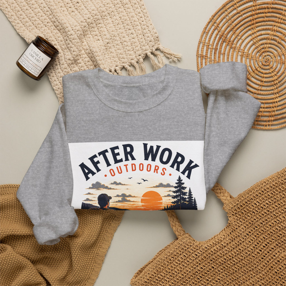 Crewneck Sweatshirt — "After Work Outdoors: Clock Out Watch Sunset" Graphic