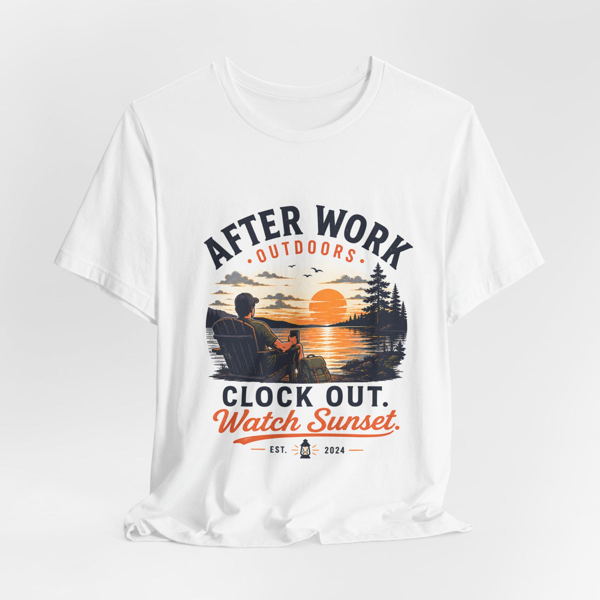 After Work Outdoors T-Shirt — "Clock Out, Watch Sunset" Sunset Fishing Tee