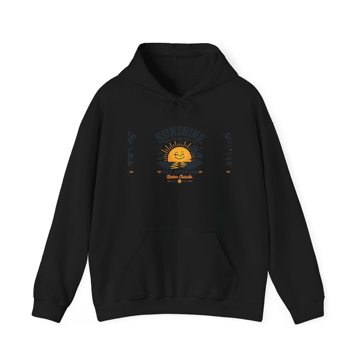 Sunshine Evening Hoodie — Retro Smiling Sun Palm Tree Sweatshirt