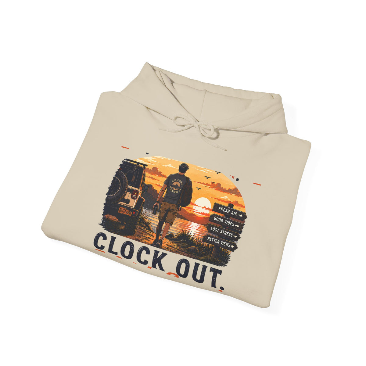 Clock Out Hoodie — Retro Sunset Fishing Hooded Sweatshirt