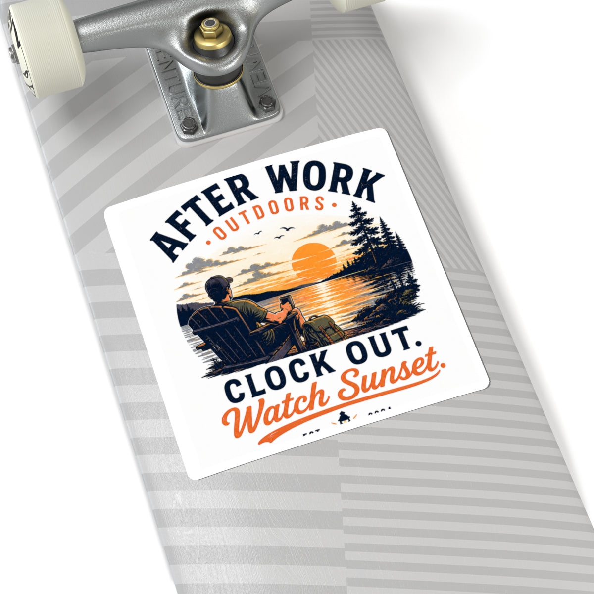 After Work Outdoors Sticker — "Clock Out. Watch Sunset." Sunset Camping Vinyl Kiss-Cut Sticker