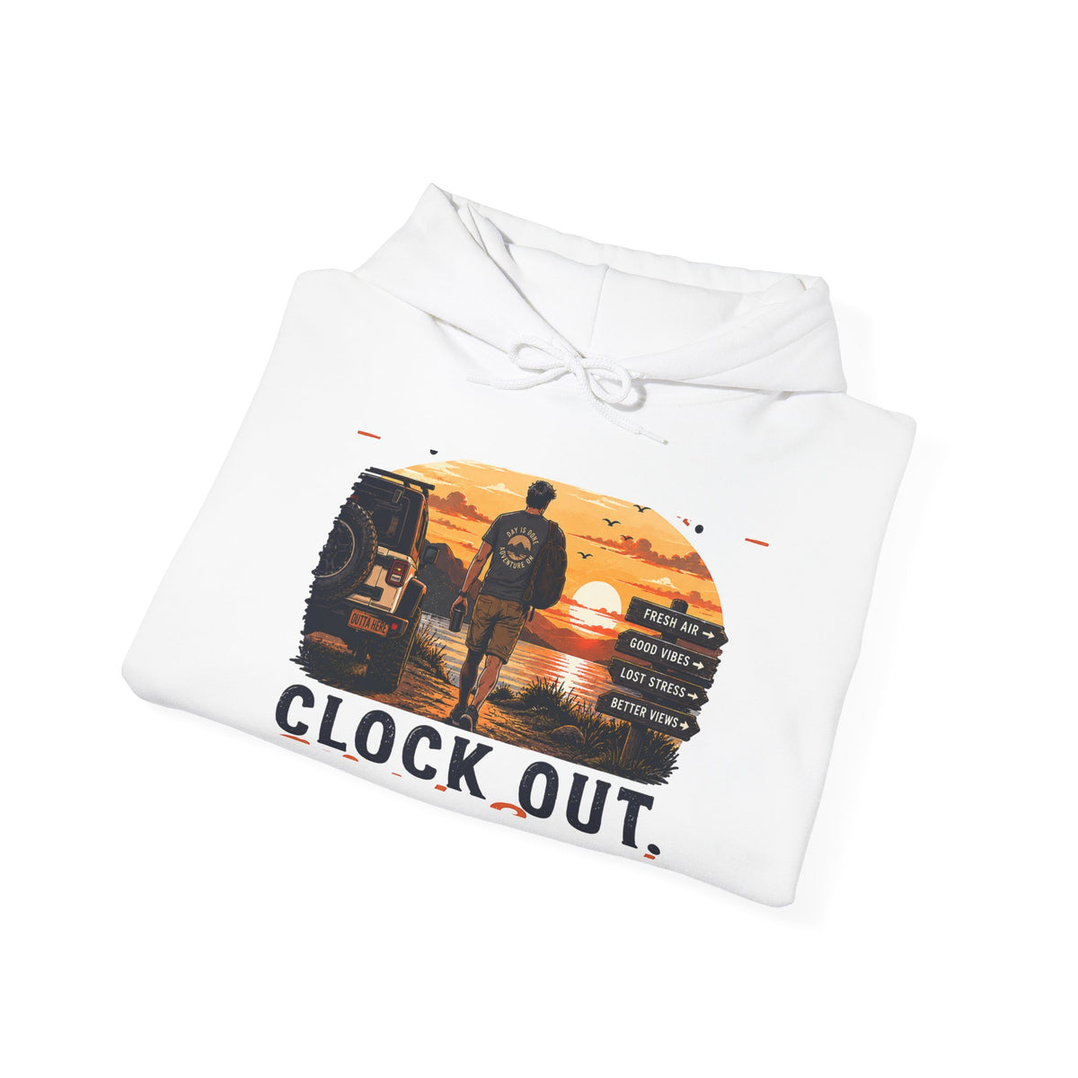 Clock Out Hoodie — Retro Sunset Fishing Hooded Sweatshirt