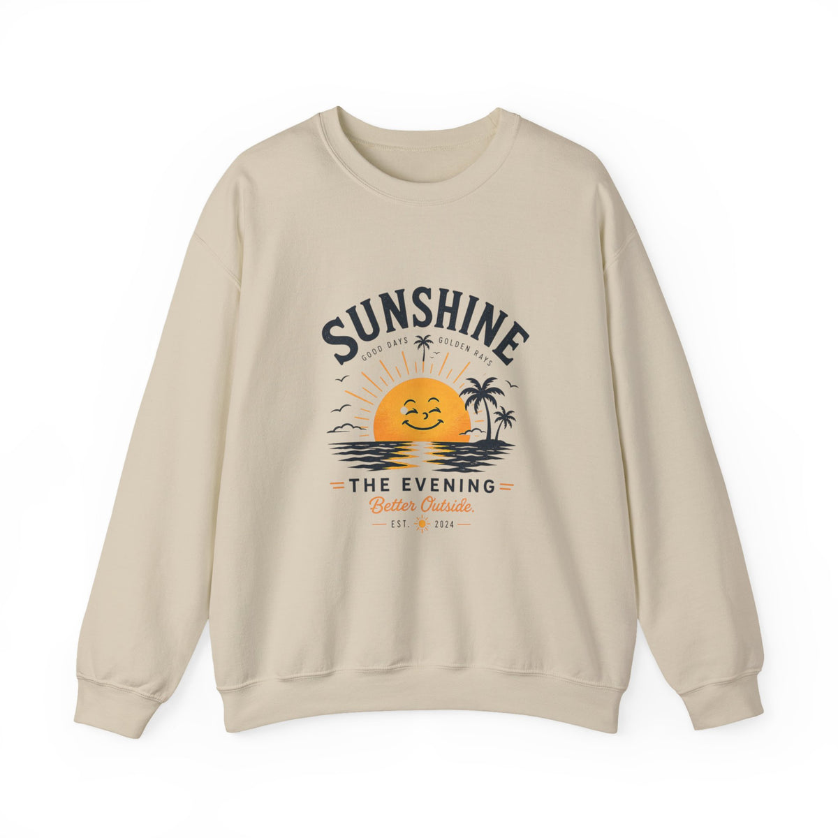 Sunshine Evening Crewneck Sweatshirt — Retro Sunset Palm Graphic