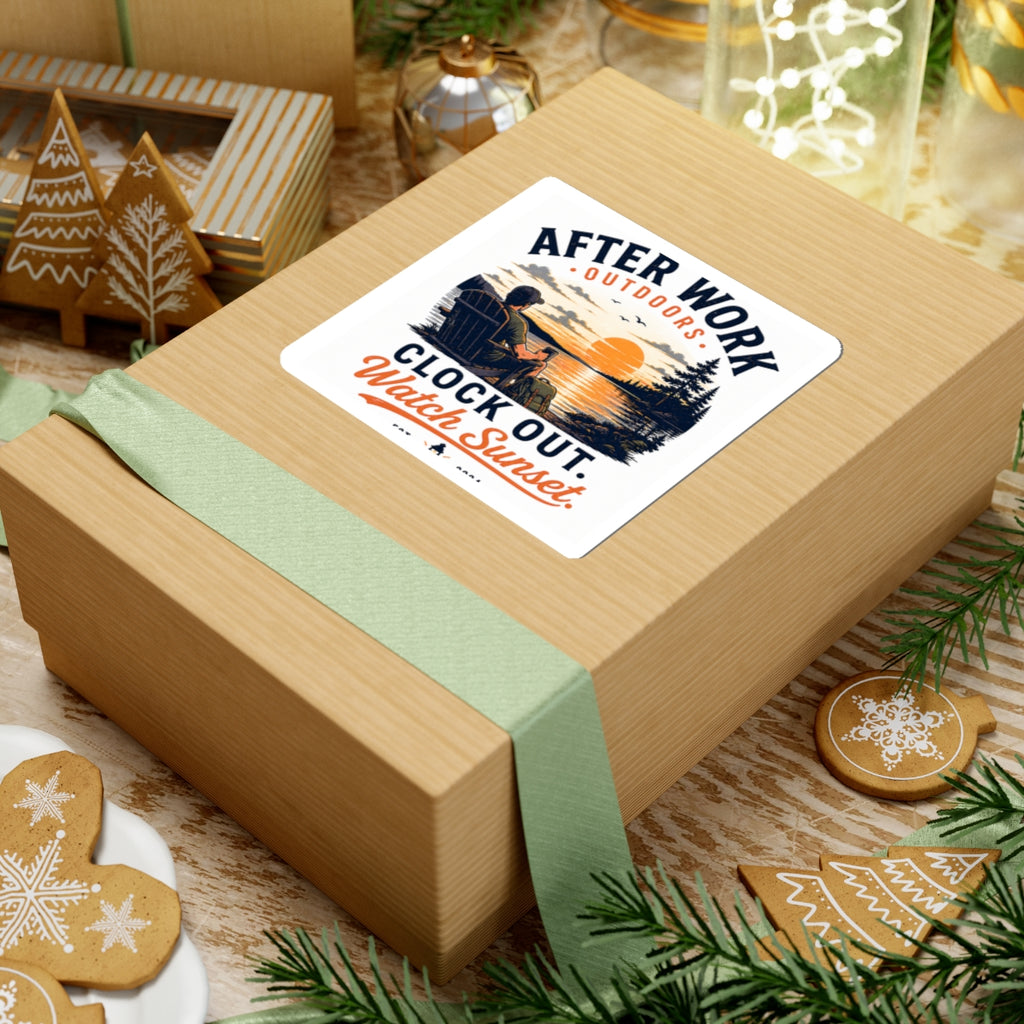 After Work Outdoors Sticker — "Clock Out. Watch Sunset." Sunset Camping Vinyl Kiss-Cut Sticker