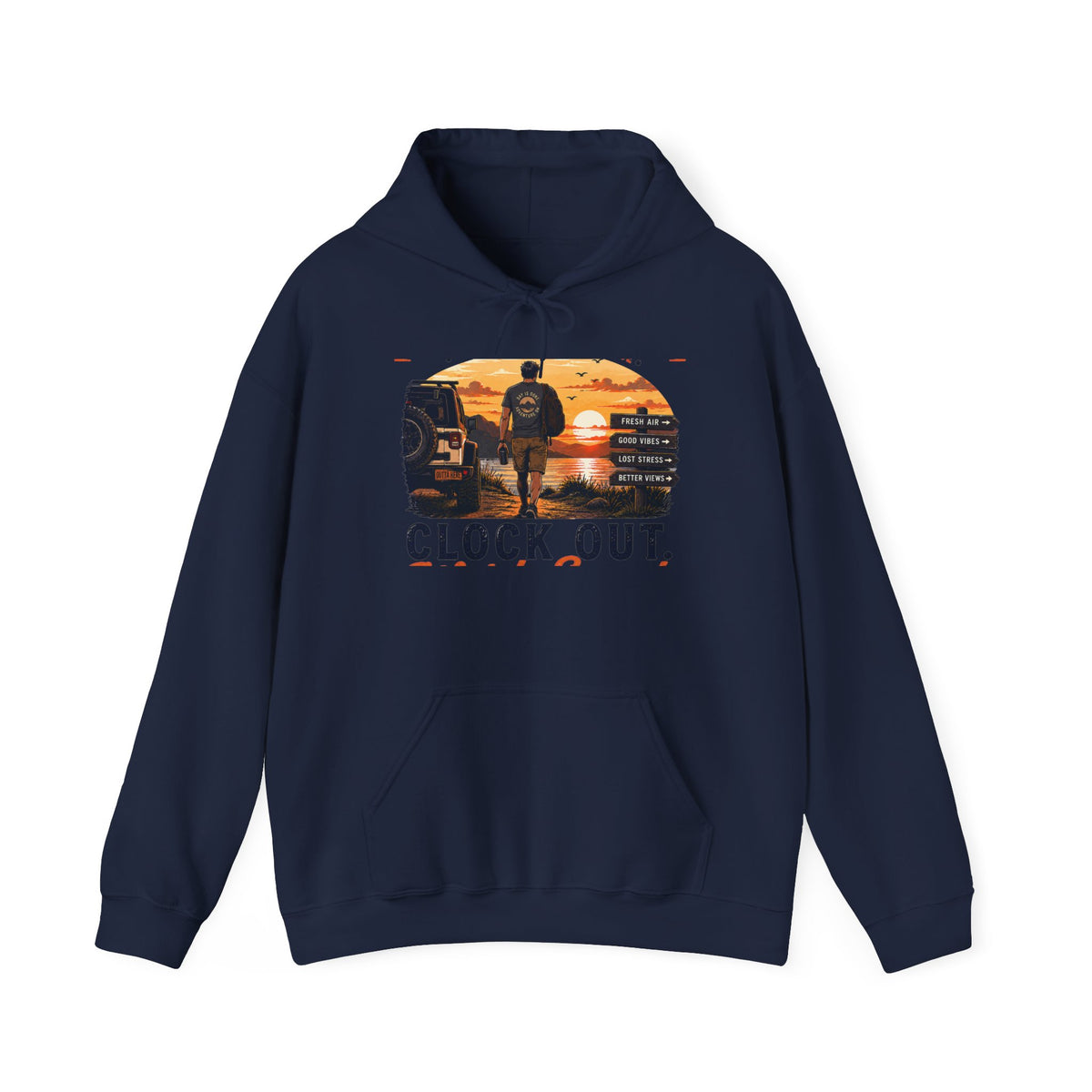 Clock Out Hoodie — Retro Sunset Fishing Hooded Sweatshirt