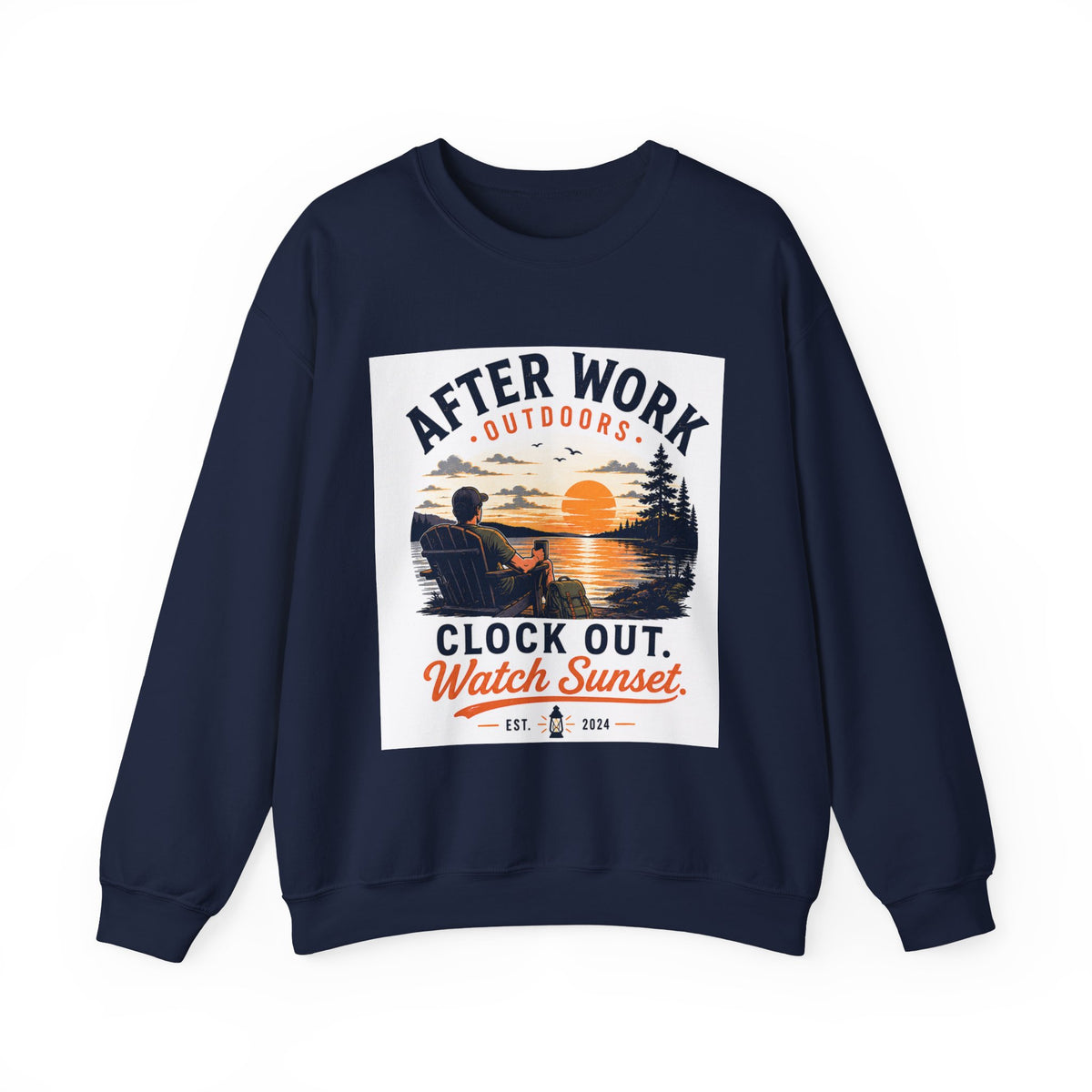 Crewneck Sweatshirt — "After Work Outdoors: Clock Out Watch Sunset" Graphic