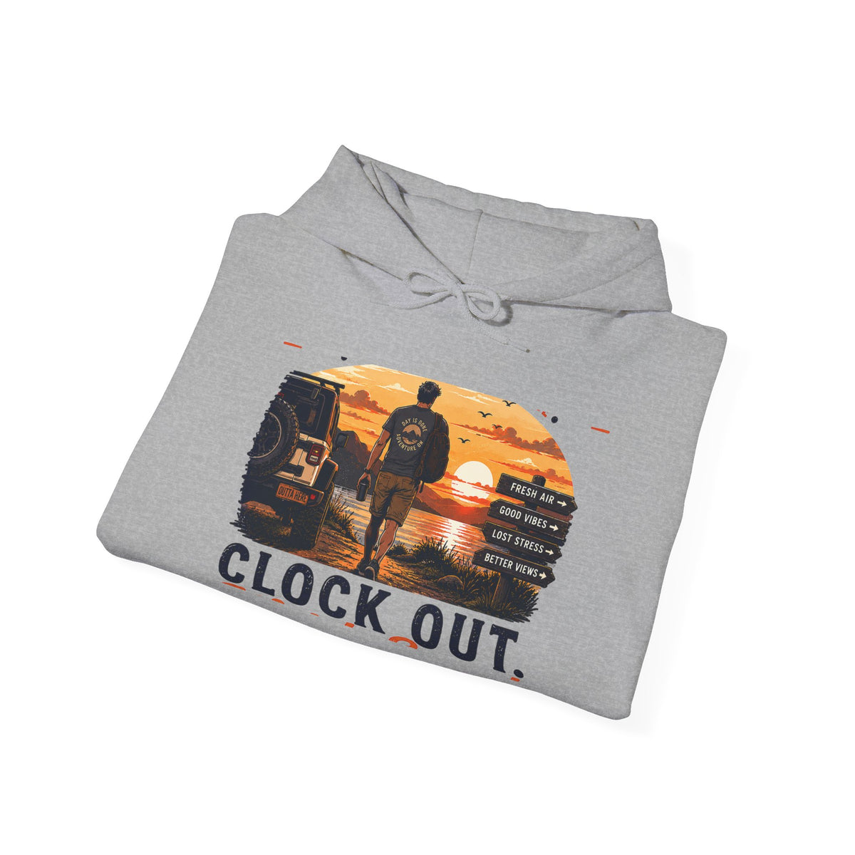 Clock Out Hoodie — Retro Sunset Fishing Hooded Sweatshirt