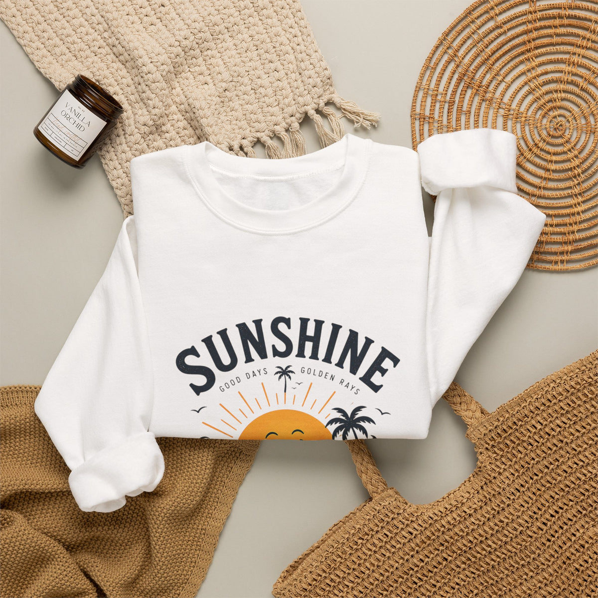 Sunshine Evening Crewneck Sweatshirt — Retro Sunset Palm Graphic