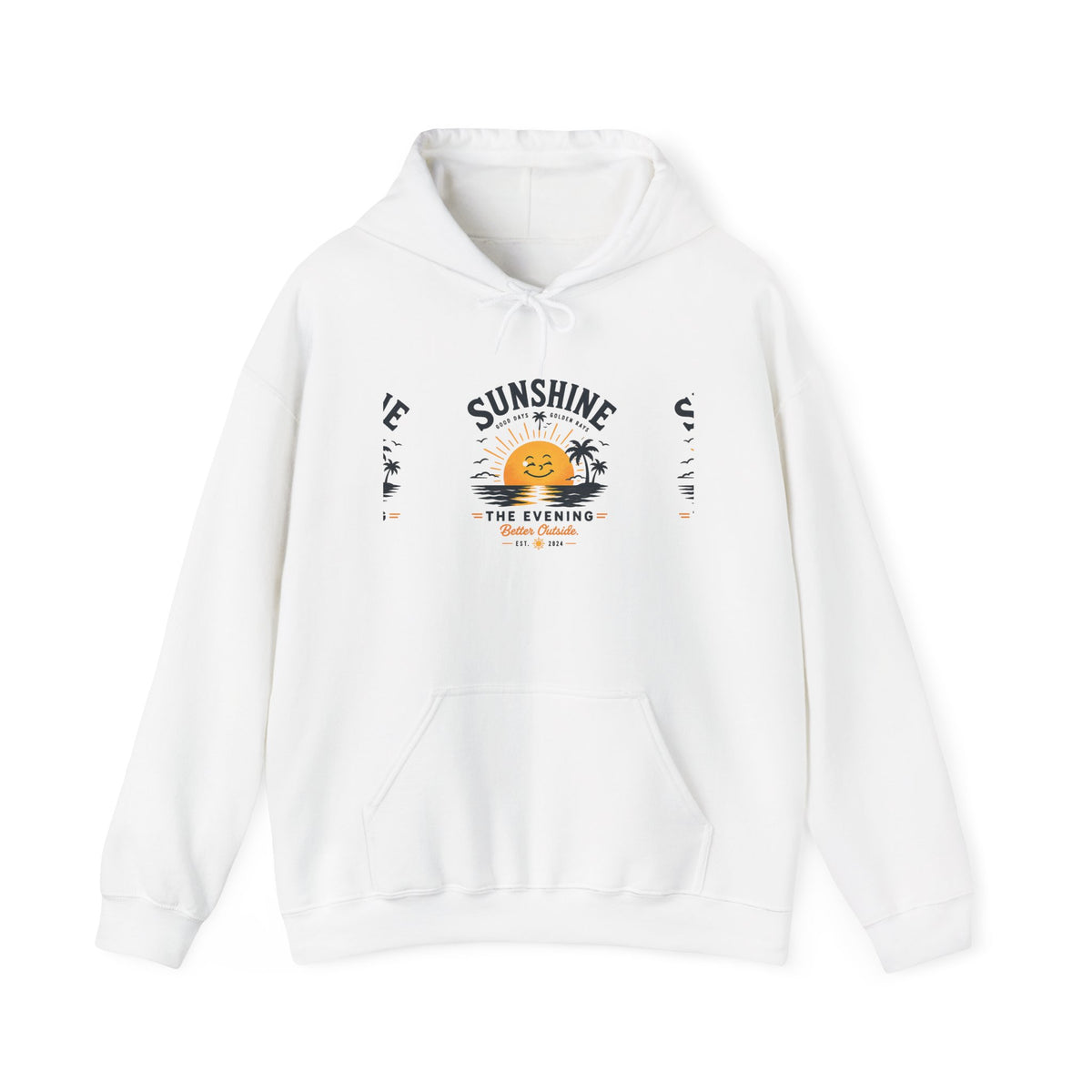 Sunshine Evening Hoodie — Retro Smiling Sun Palm Tree Sweatshirt