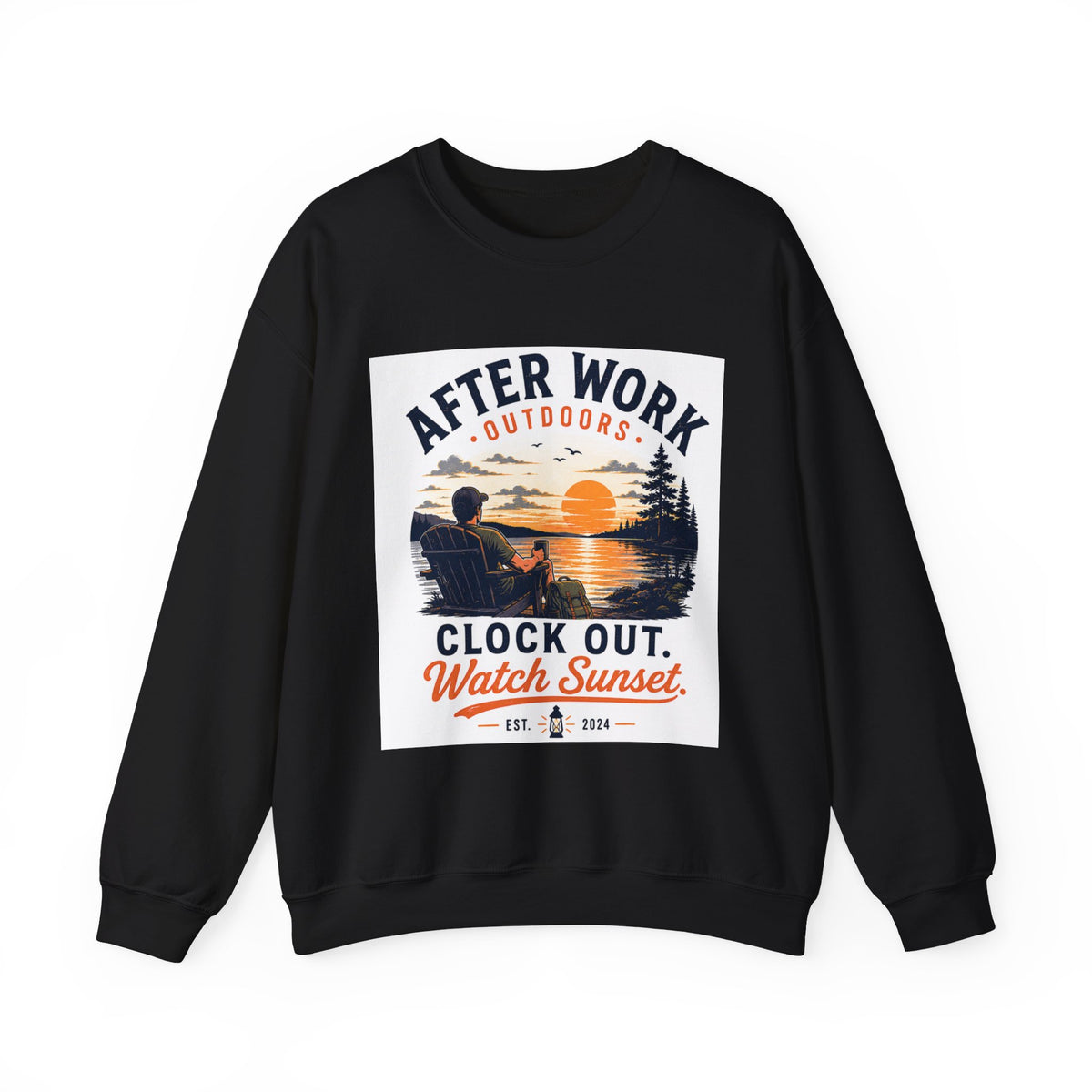 Crewneck Sweatshirt — "After Work Outdoors: Clock Out Watch Sunset" Graphic