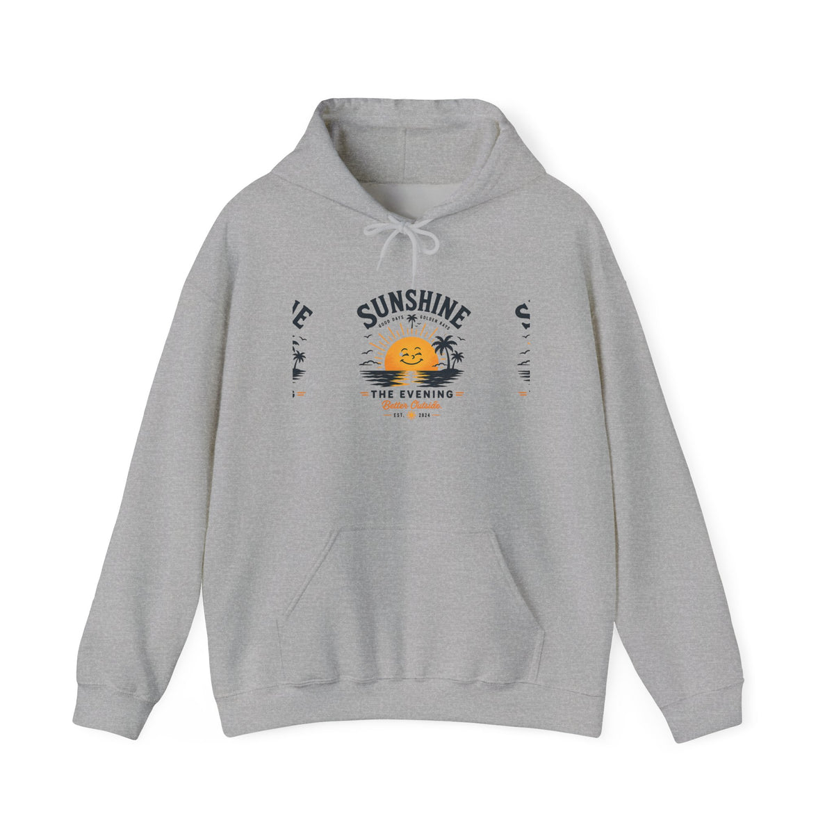 Sunshine Evening Hoodie — Retro Smiling Sun Palm Tree Sweatshirt